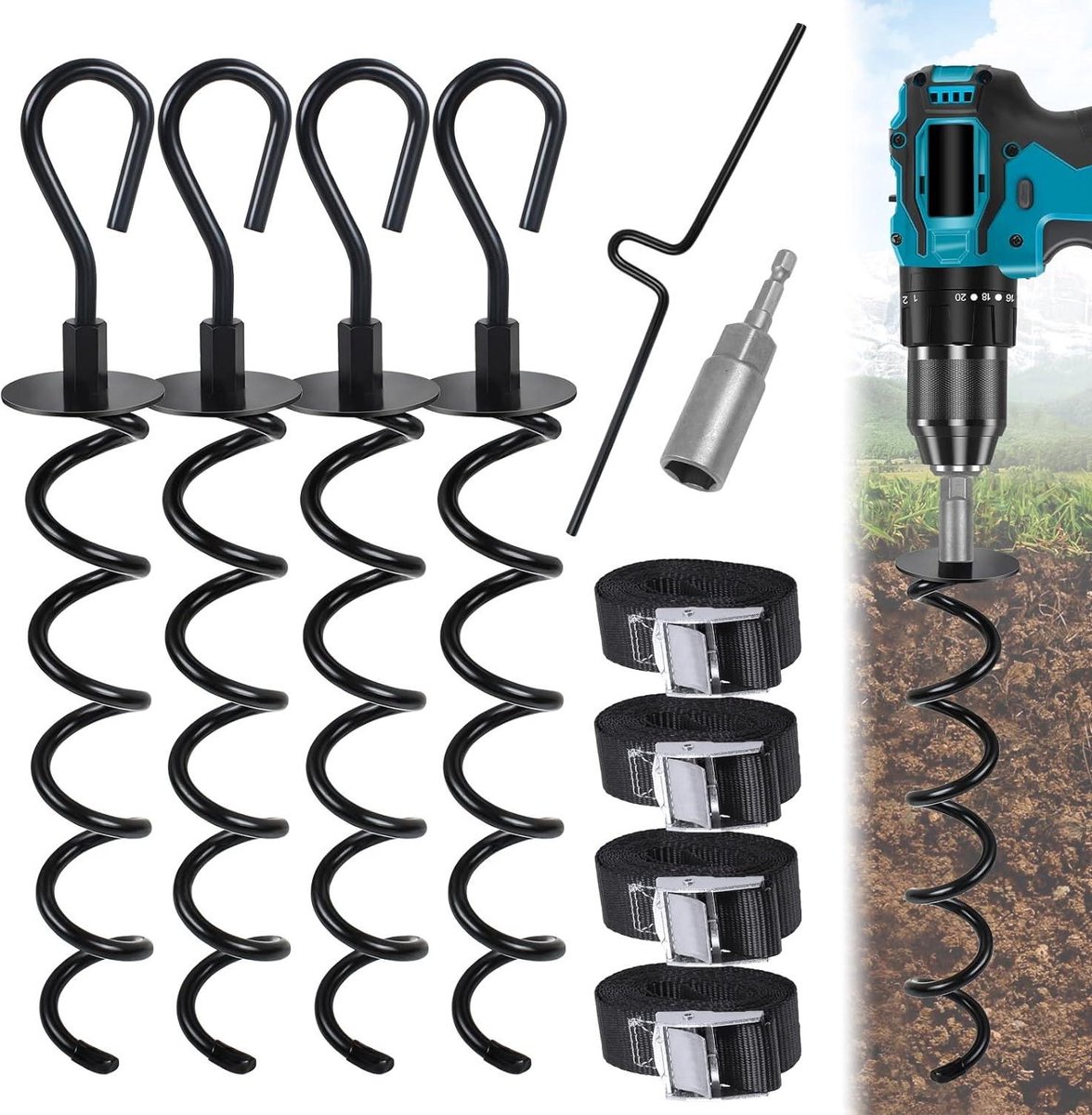 Goedkoopste Grondankerset 10 stuks - Grondankers trampolines - Verstelbare riemen - Booradapter - Draaihulp - Stormankerbevestiging tenten dekzeilen