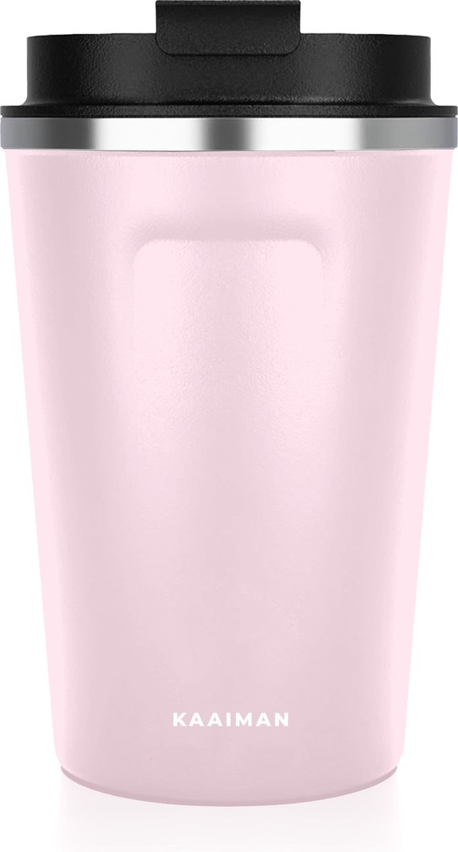 Kaaiman® RVS Thermosbeker - Drinkbeker - Koffie - Thee - Water - Warm en Koud - Travel Mug - Roze - 380ml - Koffiebeker - Theebeker
