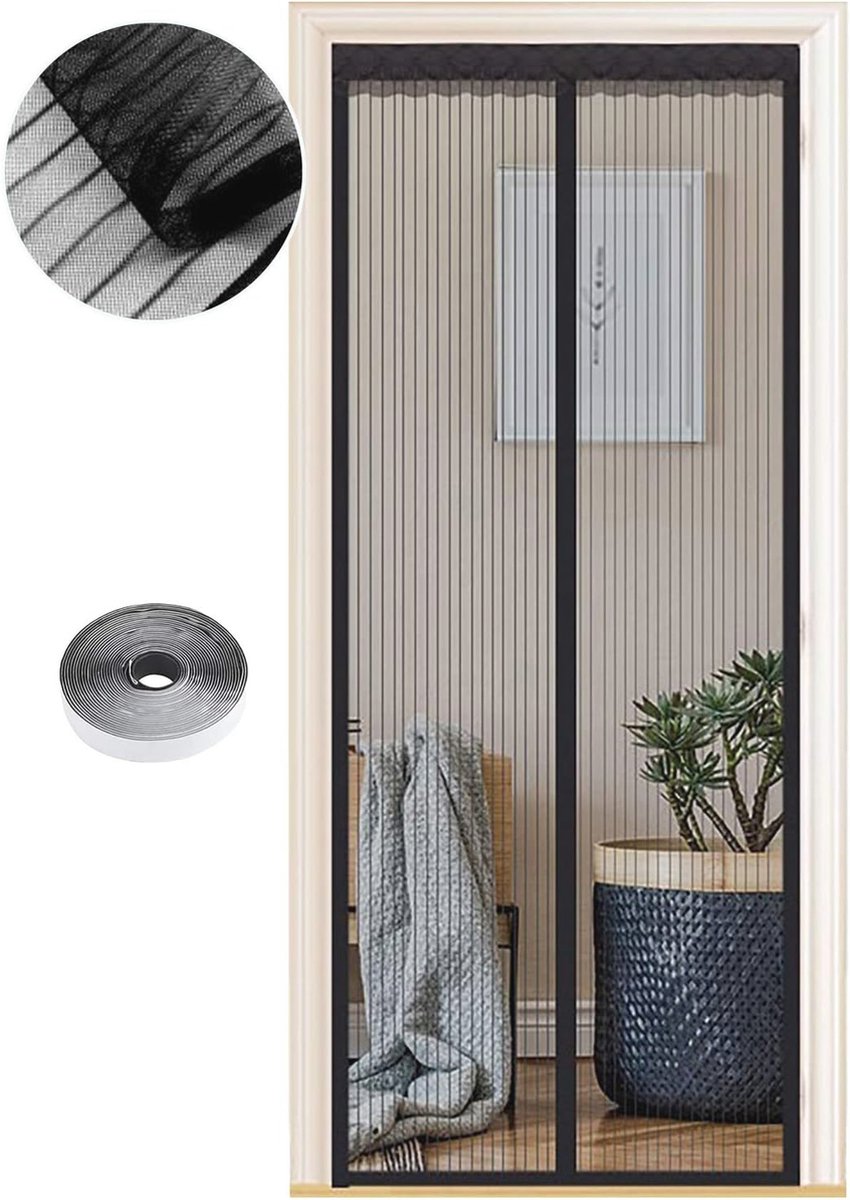 Magnetisch Vliegengaas voor Deuren - Muggennet Hordeur 90 x 210 cm - Automatisch Sluitend, Eenvoudig te Installeren, Zwart Strepen