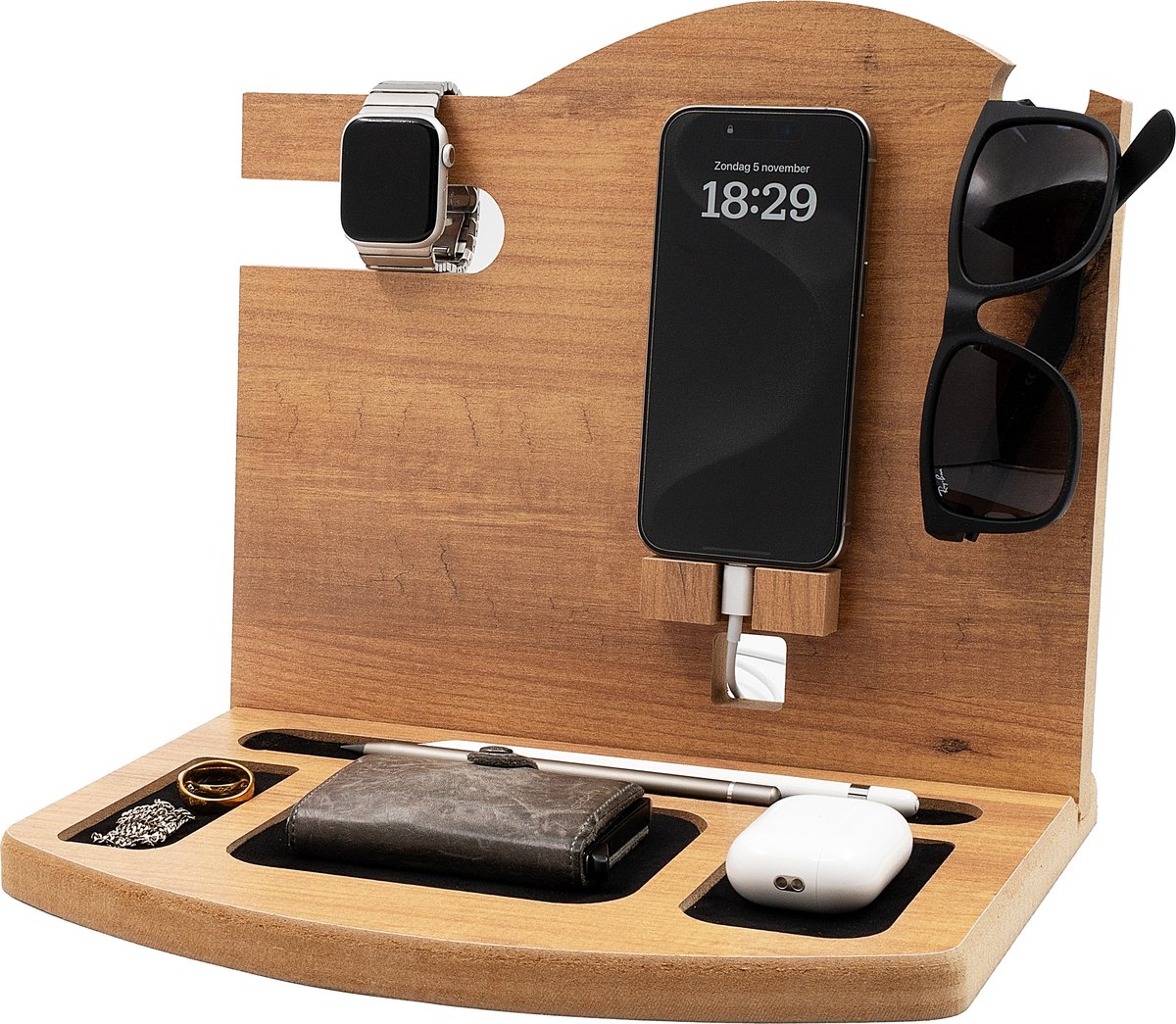 Industrial Living Bureau Organizer – Telefoon Standaard Bureau Smartphone- Docking Station Apple Watch – Opberger – Hout - Leer