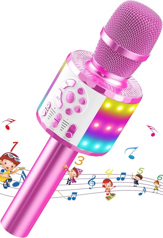 icuanuty Kids Microphone and Stand Kids Karaoke Machine with Lights for Girls Boys (Pink