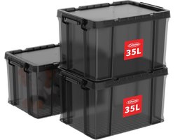 35L Stapelbare Opbergdozen - 3 Stuks - Duurzaam, Kunststof, Zwart Met Deksels