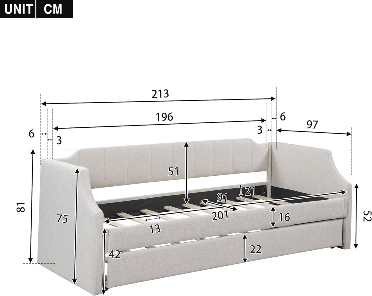 Pluche Gestoffeerd Bed 90x200cm - Met Uitschuifbaar Onderschuifbed 90x190cm Met Mdf Lattenbodem Wit