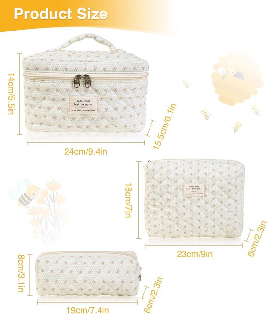Ensemble de Fleurs floral élégant 3 pièces : trousse de maquillage spacieuse avec fermeture éclair pour femmes et Filles