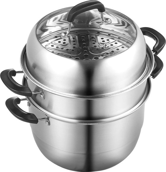VEVOR Stoomkoker 28 cm, met 2,8 l pot en Couscous-stoommand, voor alle warmtebronnen, van voedselveilig roestvrij staal, met glazen deksel, een paar isolerende handschoenen voor het stomen