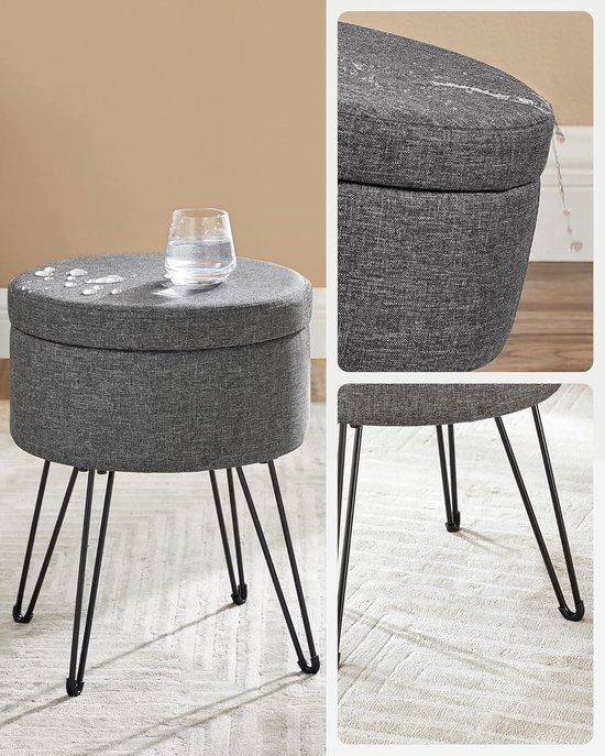 Bonlife Ronde poef, voetenbank met opbergruimte, inklapbare kruk met deksel, voor woonkamer, slaapkamer, entree, zwart, 33 x 33 x 35 cm