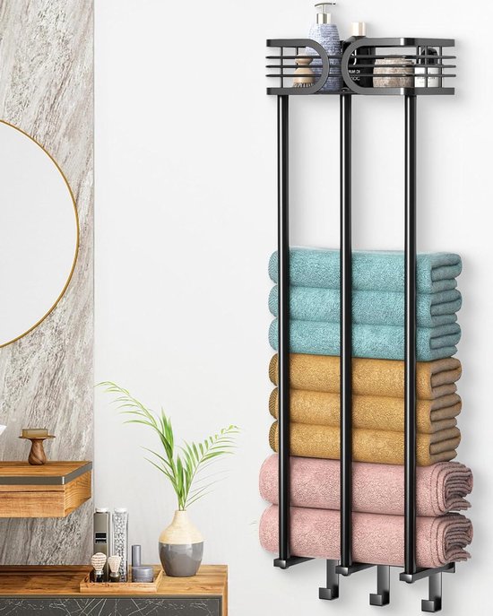 Wandgemonteerde handdoekhouder, hangende handdoekhouder voor badkamer met 6 compartimenten, badhanddoekhouder, gasthanddoekhouder, ruimtebesparende badkameraccessoires handdoekhouder (wit