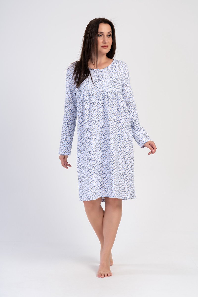 Vienetta - Grote Maten Dames Nachthemd, Lange Mouwen, Blauw - 2XL