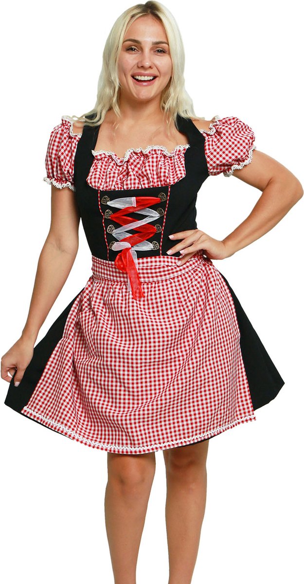Zebra & Friends Oktoberfest Dirndl - L - Oktoberfest Dames - met Ritssluiting - Pofmouwen - Tiroler Carnavalskleding - Maat 42 - Rood met Zwart