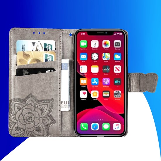 Coque adaptée pour iPhone 16 - Bookcase - Porte-cartes - Portefeuille - Motif papillon - Simili cuir - Grijs