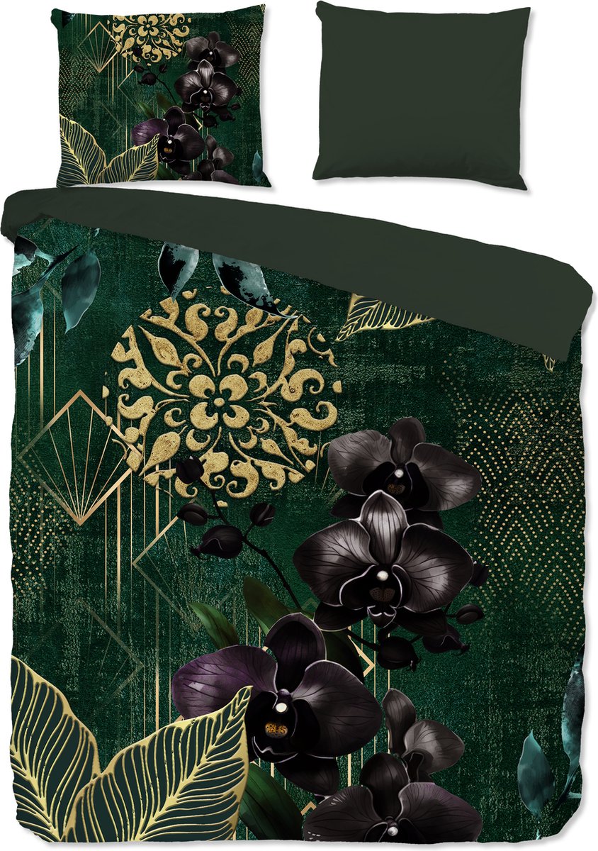 Good Morning dekbedovertrek orchideeen en gouden elementen - 2 persoons 200x200/220 cm - Groen - 100% Katoen renforce