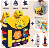 WoodyDoody Motoriek Rugzak voor Peuters met Houten Tetris Puzzel en Houten Balanceertoren Montessori Speelgoed - Activiteiten Rugzak voor Kinderen met Breinbreker Spellen Busy Board Rugzak - 4 delig Leerzame Spellen Educatieve Spellen - Voordeel Set
