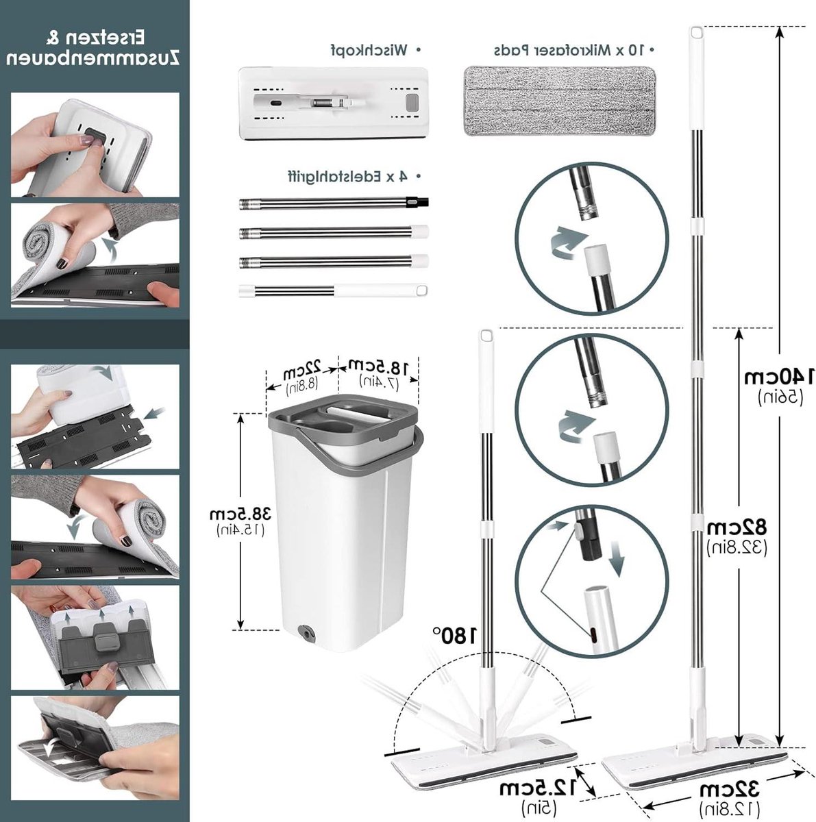 Goedkoopste Poetsemmer met Dweil - Mop and Bucket Set met Uitwringfunctie - 10 Microvezel Wisserpads - Wisserset voor Hardhouten Tegels Marmer Laminaat Mop