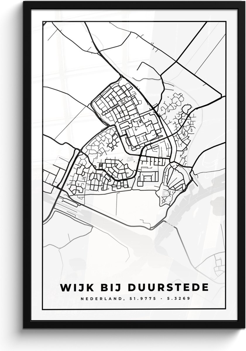 Poster in lijst - Fotolijst 60x90 cm - Posters - Kaart - Wijk bij Duurstede - Zwart - Wit - Posterlijst zwart - Decoratie - Wanddecoratie woonkamer - Muurdecoratie slaapkamer