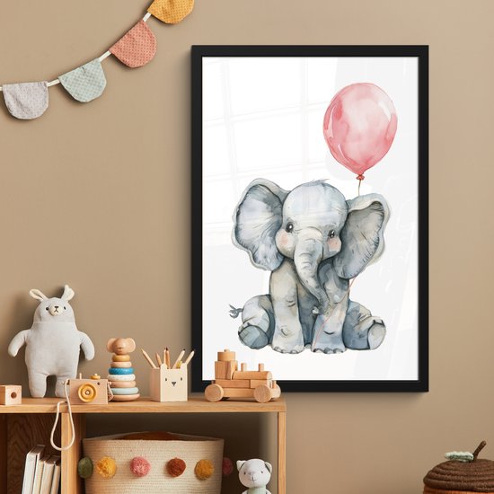 Affiche sous cadre - Cadre photo 40x60 cm - Posters - Éléphant - Bébé animal - Ballon rose - Cadre affiche noir - Décoration chambre - Décoration murale chambre enfant - Décoration murale chambre bébé