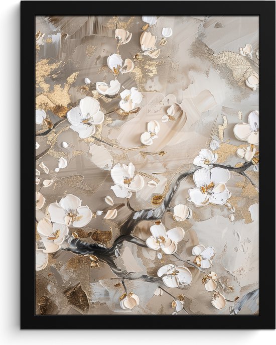 Affiche sous cadre - Cadre photo 30x40 cm - Posters - Fleurs - Wit - Or - Beige - Luxe - Cadre affiche noir - Décoration - Décoration murale Décoration murale chambre