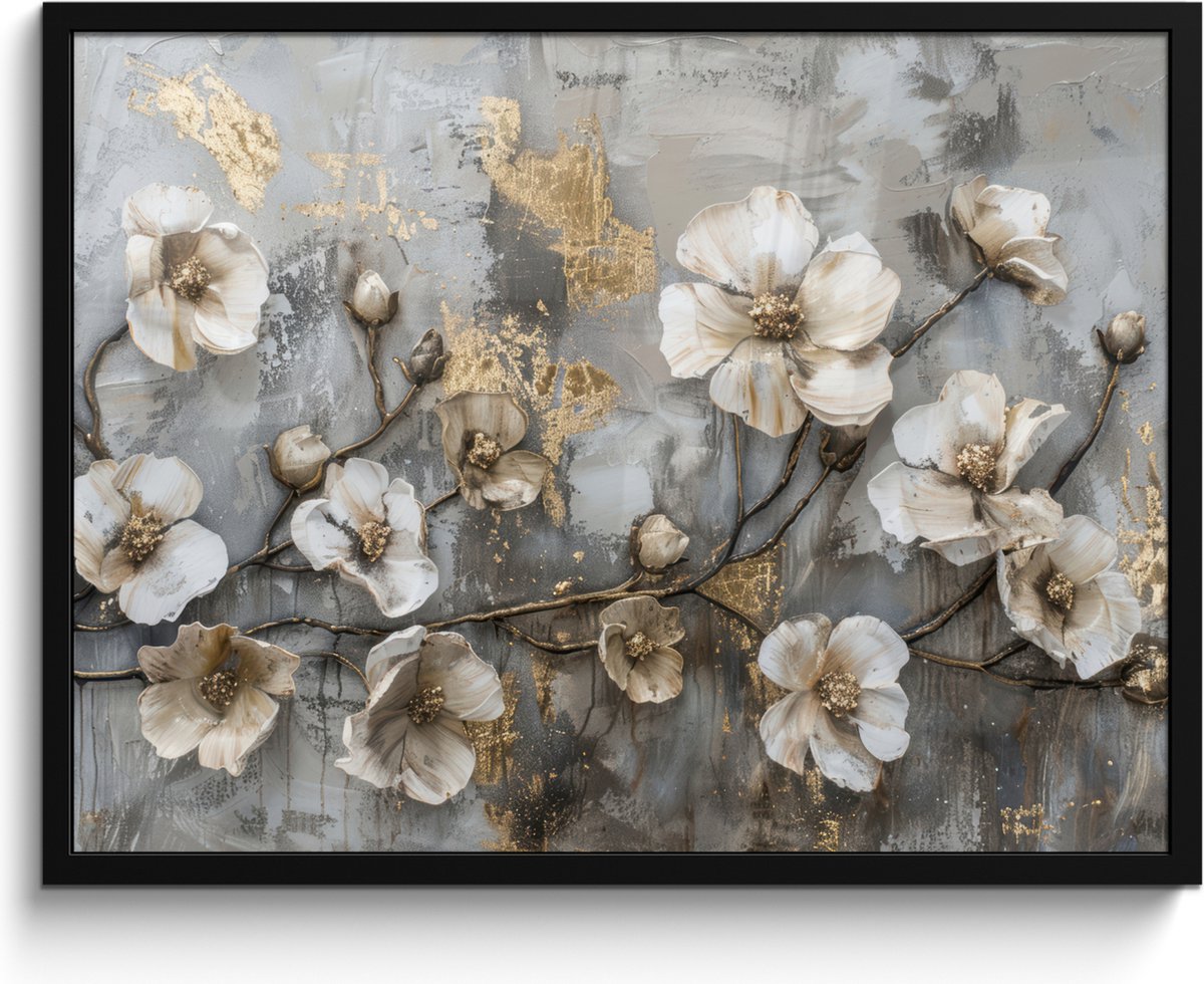 FrameYourWall Poster in lijst - Fotolijst 80x60 cm - Posters - Bloemen - Wit - Grijs - Goud - Luxe - Posterlijst zwart - Decoratie - Wanddecoratie woonkamer - Muurdecoratie slaapkamer
