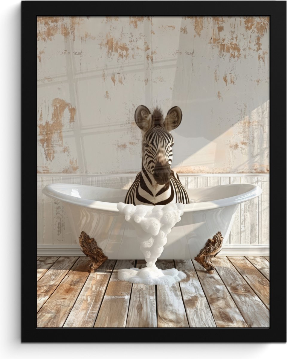 FrameYourWall Poster in lijst - Fotolijst 30x40 cm - Posters - Vintage - Zebra - Wilde dieren - Badkuip - Posterlijst zwart - Wanddecoratie badkamer - Muurdecoratie WC - Decoratieve accessoires - Toilet muur decoratie Zebra - Badkuip