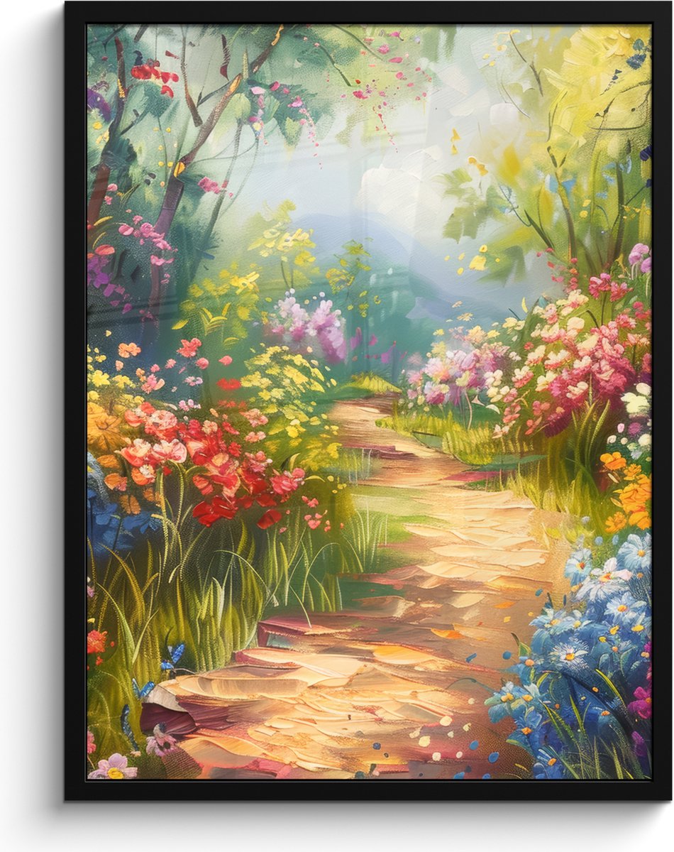 FrameYourWall Poster in lijst - Fotolijst 60x80 cm - Posters - Natuur - Landschap - Bloemen - Kleurrijk - Posterlijst zwart - Decoratie - Wanddecoratie woonkamer - Muurdecoratie slaapkamer Bloemen landschap