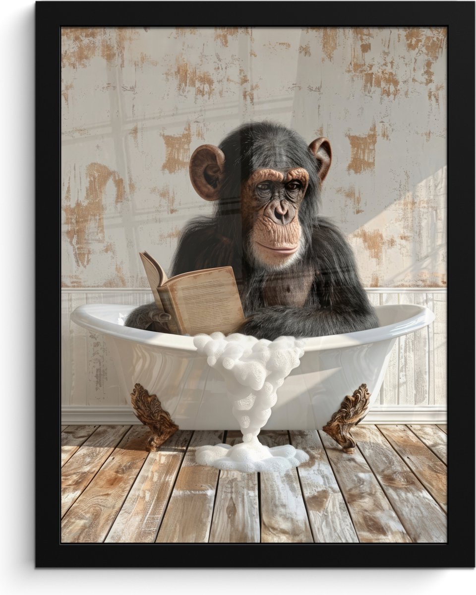 FrameYourWall Poster in lijst - Fotolijst 30x40 cm - Posters - Vintage - Aap - Badkuip - Schuim - Dier - Posterlijst zwart - Wanddecoratie badkamer - Muurdecoratie WC - Decoratieve accessoires - Toilet muur decoratie
