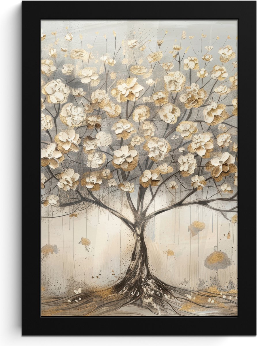 FrameYourWall Poster in lijst - Fotolijst 20x30 cm - Posters - Boom - Beige - Goud - Verflook - Grijs - Posterlijst zwart - Decoratie - Wanddecoratie woonkamer - Muurdecoratie slaapkamer Pastel - Goud