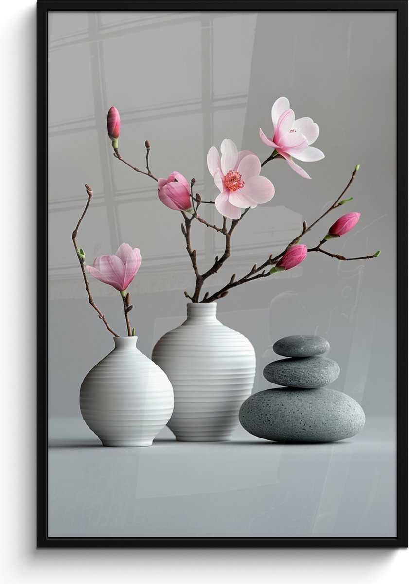 FrameYourWall Poster in lijst - Fotolijst 80x120 cm - Posters - Magnolia - Bloemen - Roze - Zen stenen - Posterlijst zwart - Wanddecoratie badkamer - Muurdecoratie WC - Decoratieve accessoires - Toilet muur decoratie Bloemen - Vaas
