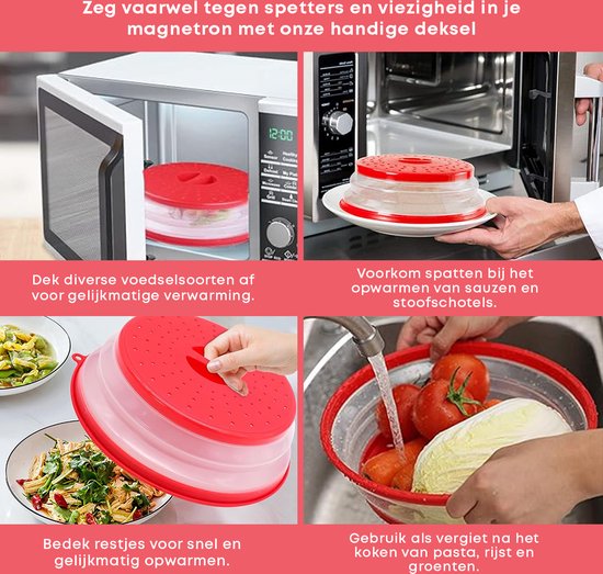 Rode inklapbare deksels: Dek voedsel af, voorkom spatten, verwarm restjes, gebruik als vergiet. Deksel in magnetron en met kraan.