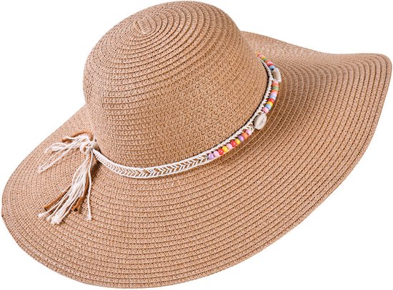 Decopatent - Zonnehoed Dames - Ibiza Style - Zomerhoed met Schelpen en Kralen - Strohoed UV - Strandhoed Hoofddeksel met Brede rand - Hoed voor Volwassenen - Kleur: Bruin