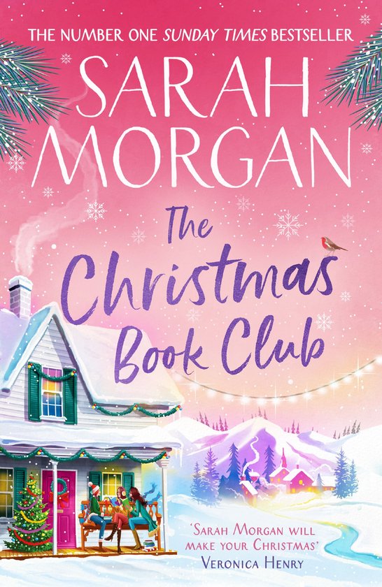Boekcover van 'The Christmas Book Club' van Sarah Morgan, met een winterse scène van een huis versierd voor Kerstmis.