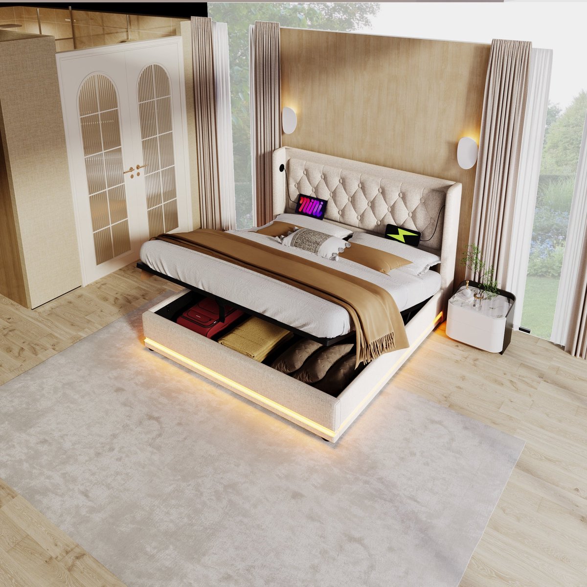 Merax Polsterbett Doppelbett 140*200 cm,Beige Baumwolle-Material Hydraulisches Stauraumbett, gepolstertes Kopfteil mit USB Typ-C Ladefunktion, 3-seitige LED-Funktion(Ohne Matratze)
