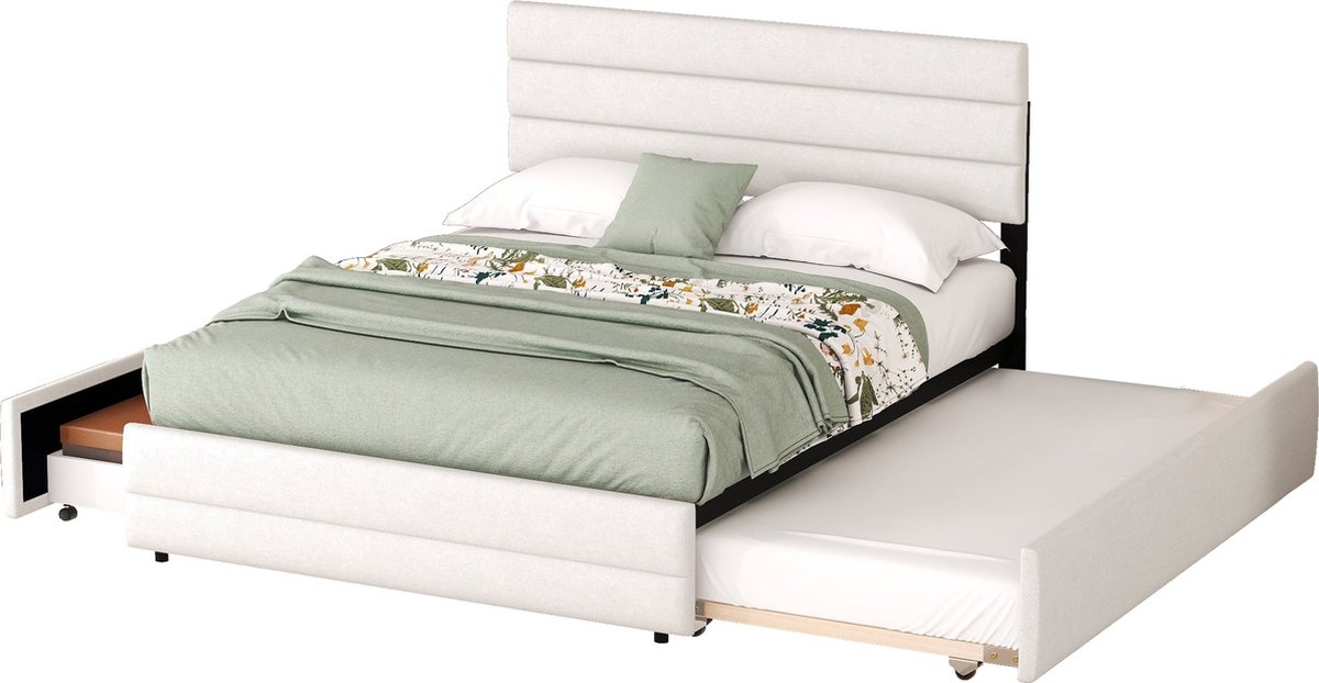 Merax Tweepersoonsbed 140x200 cm – Bed met Opberglades en Uittrekbaar Logeerbed – Verstelbaar Hoofdbord – Linnen Bekleding – Beige