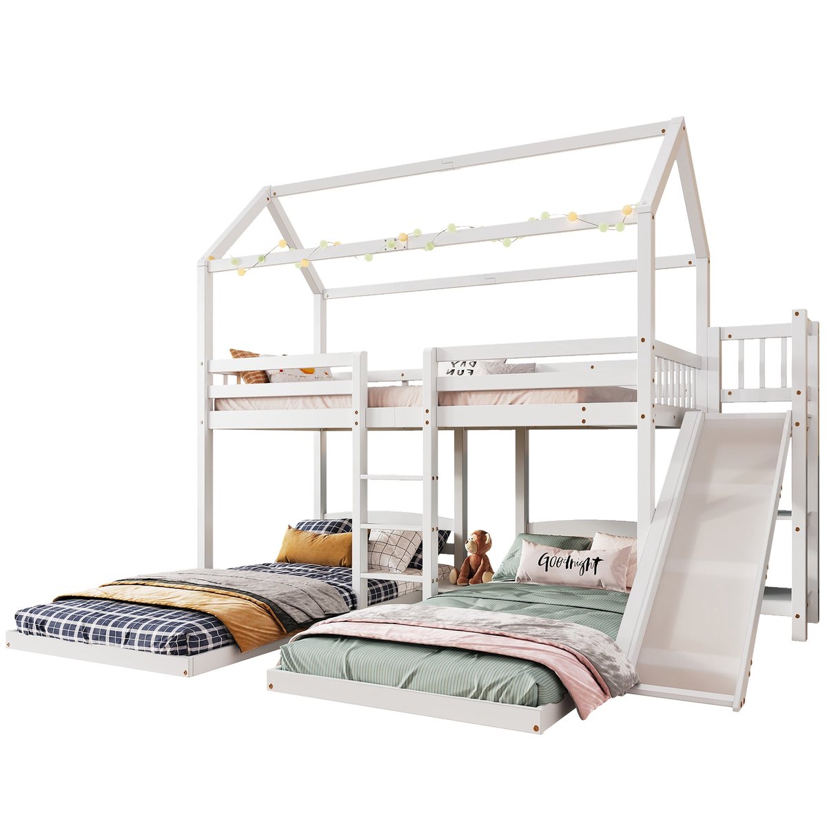 Merax Stapelbed met Glijbaan en Huisvormig Dak - Kinderbed met Drie Slaapplekken - Ladder en Massief Houten Frame - Wit - 90x200cm
