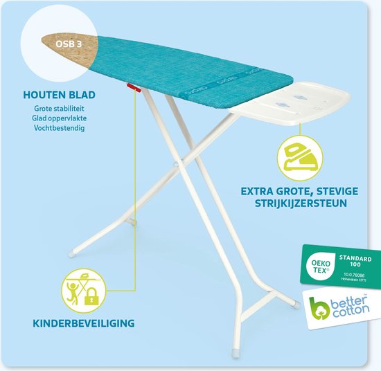 Airpro strijkplank met houten blad, extra grote strijkijzersteun en kinderslot. Oeko-Tex en Better Cotton gecertificeerd.