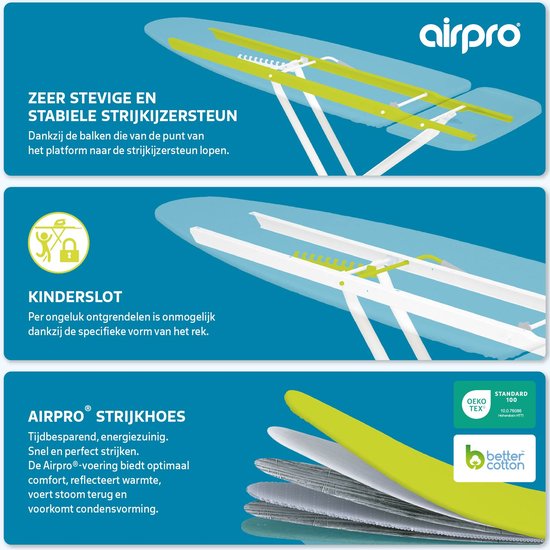 Airpro strijkplank met stevige strijkijzersteun, kinderslot en "AIRPRO STRIJKHOES" informatie.