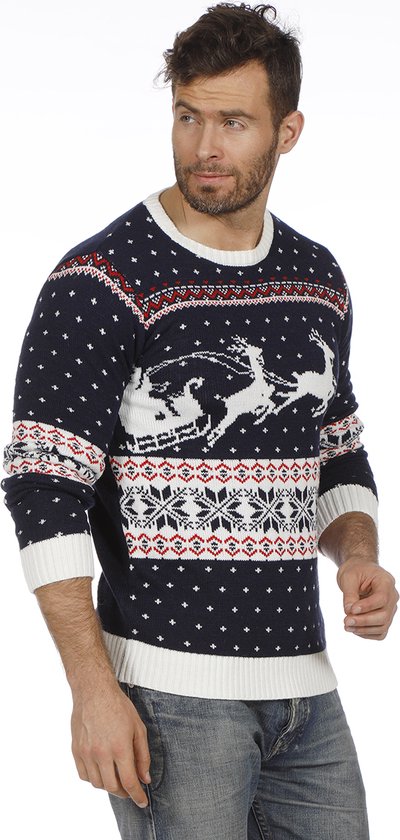 Mauvais pull de Noël bleu avec traîneau pour adultes