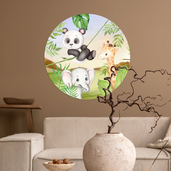 WallCircle - Stickers muraux muraux - Cercle de papier peint - Jungle - Feuilles - Animaux - Vert - 50x50 cm - Cercle mural - Autocollant - Autocollant de papier peint rond