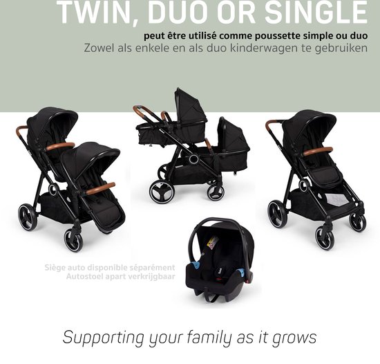 Zwarte kinderwagen die om te bouwen is tot een enkele, duo of twin kinderwagen. Inclusief autostoel.