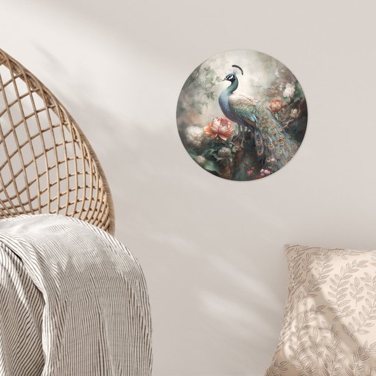 WallCircle - Stickers muraux - Cercle Papier Peint - Paon - Plumes De Paon - Vogel - Jungle - Fleurs - 30x30 cm - Cercle Mural - Auto Adhésif - Autocollant Rond Papier Peint