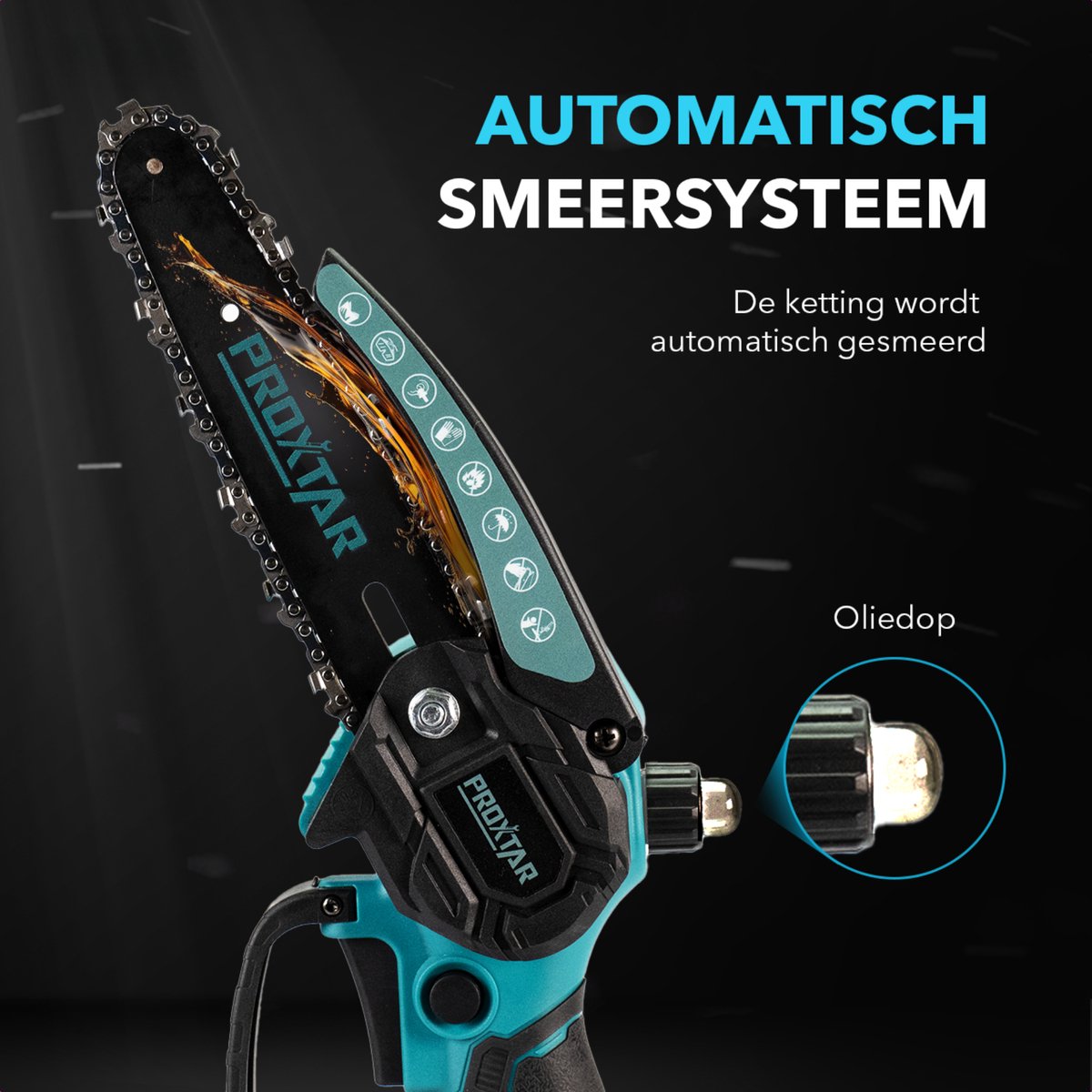 ProXtar Mini Kettingzaag - Kettingzaag - Snoeizaag - Takkenzaag - Handzaag - Inclusief Opbergkoffer, 2 Accu's & 3 Kettingen - Automatische Kettingsmering - Brushless – foto 4