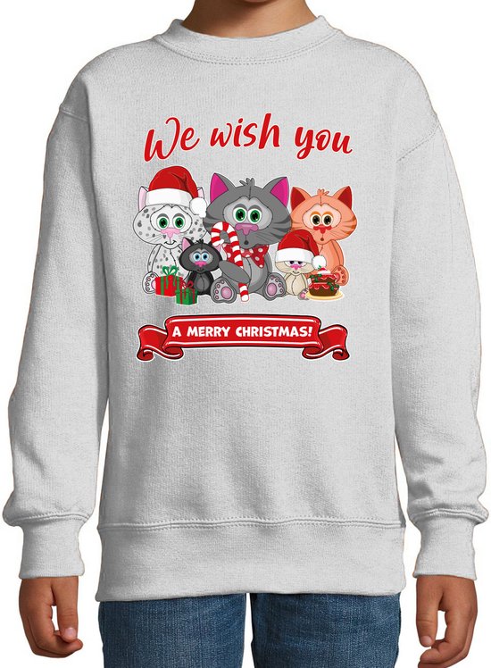 Bellatio Decorations Pull/pull de Noël pour garçons/filles - nous vous souhaitons - gris - Chatons de Noël 134/146