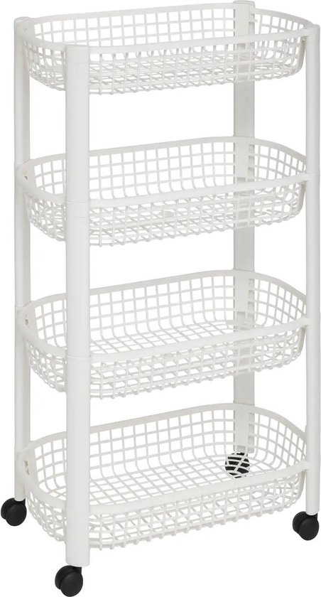 5Five Chariot de Cuisine/salle de bain 4 niveaux - L46 x L25 x H79 cm - blanc - plastique - avec roulettes - paniers/conteneurs de rangement