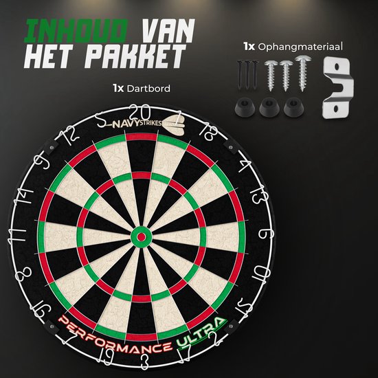 Inhoud van het pakket: dartbord 'Performance Ultra', montagemateriaal met schroeven en pluggen.