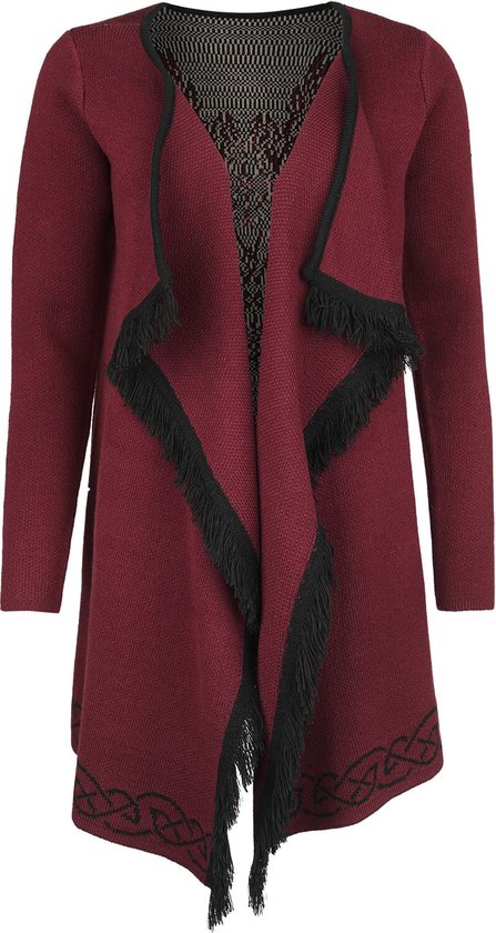Gilet bordeaux avec des franges noires et des ornements tricotés en bas.