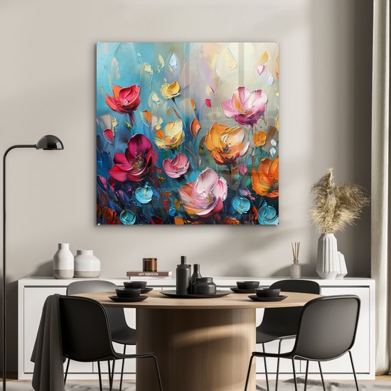 MuchoWow® Peinture sur verre 90x90 cm - Peinture sur verre acrylique - Fleurs - Coloré - Abstrait - Peinture - Nature - Photo sur verre - Décoration murale salon - Décoration murale chambre - Peintures