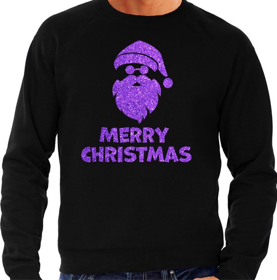 Bellatio Decorations Wrong Christmas pull/pull pour homme - Joyeux Noël - noir - violet pailleté - Père Noël XL