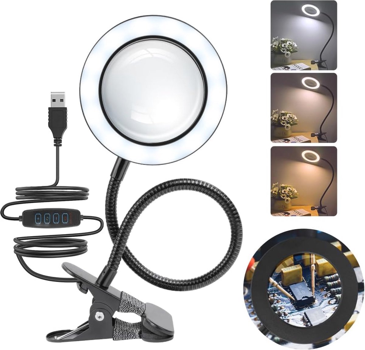 LED Vergrootglaslamp met Verlichting en Verstelbare Klem - Perfect voor Lezen, Naaien en Makeup
