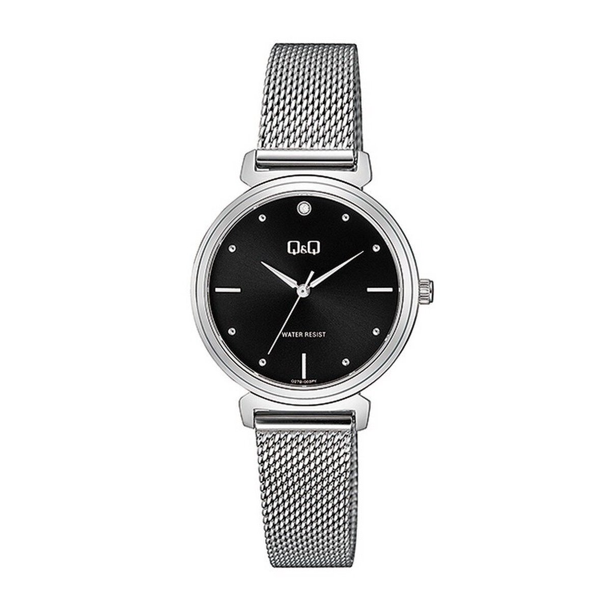 QQ Q27B-003PY - Horloge - Vrouwen - Dames - Mesh-Milanese band - Rond - Metaal - Streepjes - Zilverkleurig - Zwart
