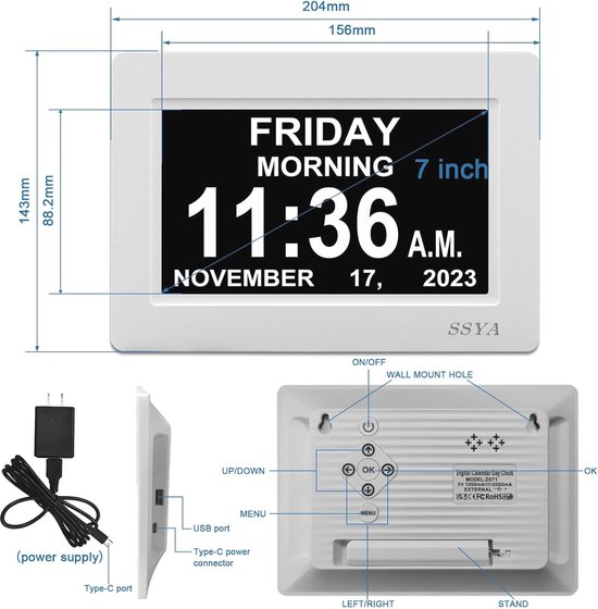7 inch digitale kalender dag Datum klok - 12 alarmopties, extra grote niet-verkorte dag & maandmemory verlies klok voor senioren, dementie, verminderde visie (Color : 7-white