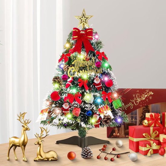 Xinlie Kleine kerstboom, 45 cm, roze, mini-kerstboom met ster, kleine kunstkerstboom met ledlampjes en glitterballen voor Kerstmis, eettafel