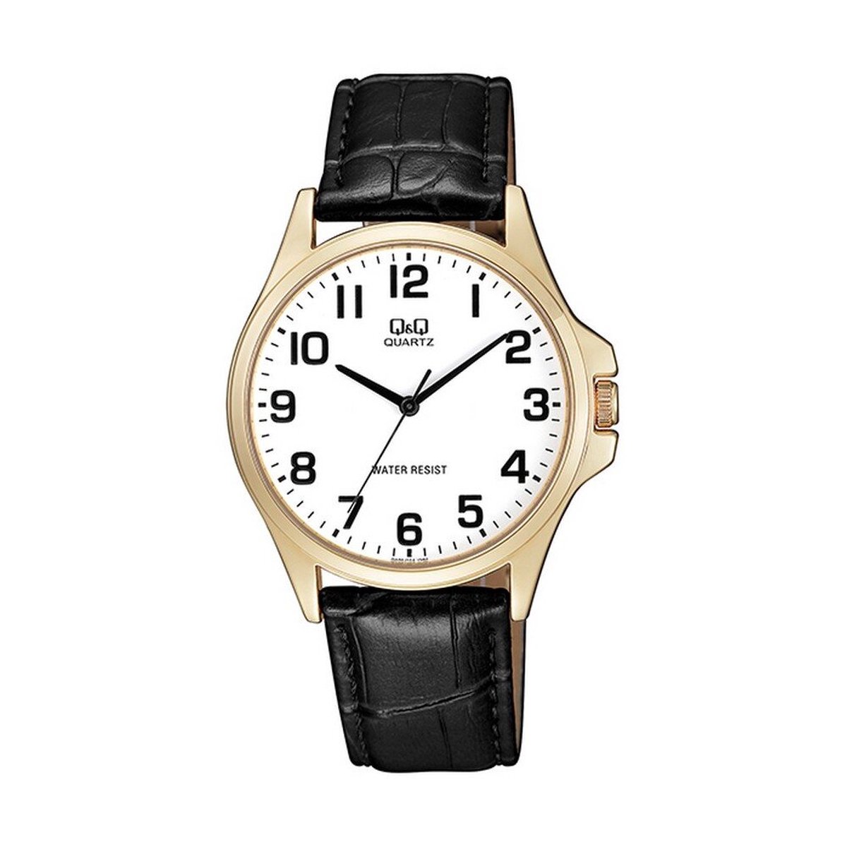 QQ QA06J104Y - Horloge - Analoog - Heren - Mannen - Leren band - Rond - Metaal - Cijfers - Zwart - Goudkleurig - Wit - 3 ATM